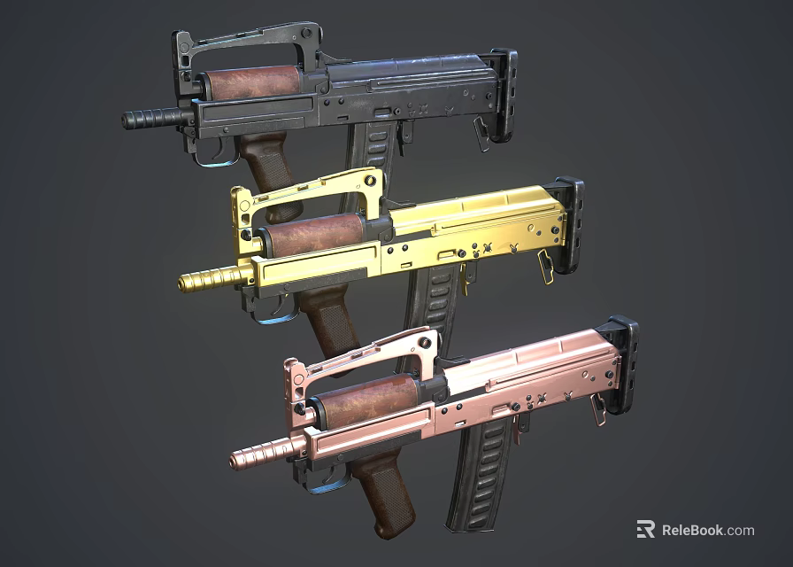 Three Colored Submachine Guns With Black Gold Copper Finishes And Wooden Stocks 3d model 