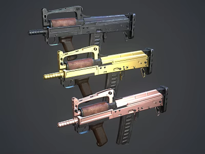 Three Colored Submachine Guns With Black Gold Copper Finishes And Wooden Stocks 3d model