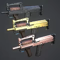 Three Colored Submachine Guns With Black Gold Copper Finishes And Wooden Stocks