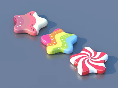 Colorful Star Shaped Candies With Pink Swirl And Rainbow Stripes Design 3d model
