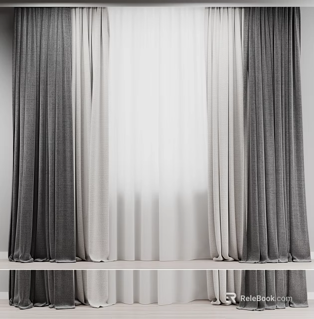 Modern Gray And White Layered Curtains With Sheer Panels For Window Decoration 3d model 