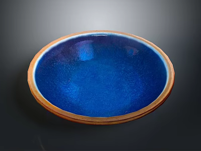 Artistic Hand Carved Ceramic Bowl With Blue Interior And Brown Rim 3d model