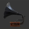 Vintage Gramophone Audio Equipment With Brass Horn Wooden Base And Green Turntable