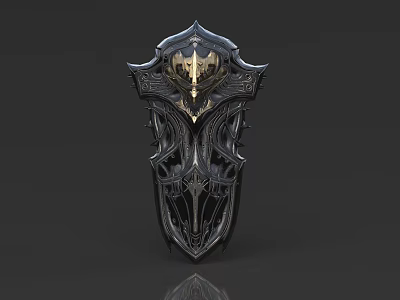 Intricately Designed Black Shield With Golden Accents And Detailed Carved Patterns 3d model