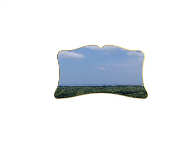 Decorative Shaped Mirror Reflecting Blue Sky White Clouds and Green Forest View 3d model