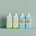 Pure Milk Beverage In Green And Blue Packaging With Cartoon Design Bottles