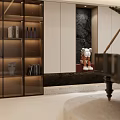 Modern Study Room Interior Featuring Black Piano Sheet Music Piano Stool Wooden Bookshelves And Spotlights