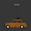 Orange Vintage Car With Roof Luggage And Street Lamp In Dark Setting