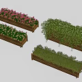 Decorative Wooden Planter Boxes With Colorful Potted Flowers And Lush Greenery