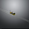 Yellow Model Train Moving Along Long Silver Tracks on Gray Background 3d model