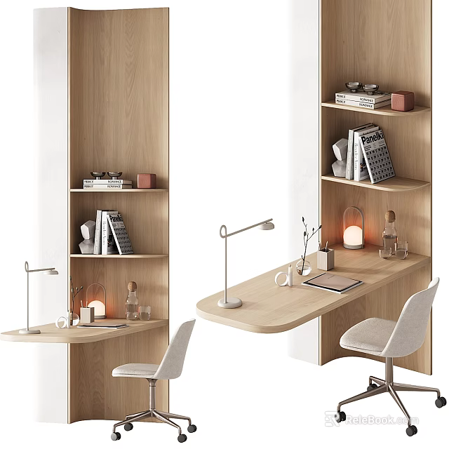 Modern Wooden Desk With Built in Bookshelf Minimalist Lamp White Chair And Decorative Books 3d model 