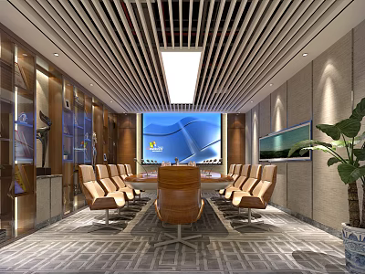 Modern Conference Room Interior With Long Meeting Table Leather Chairs And Large Screen 3d model