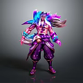 3D Character Model With Long Hair Purple Blue Ornamental Outfit And Decorative Accessories