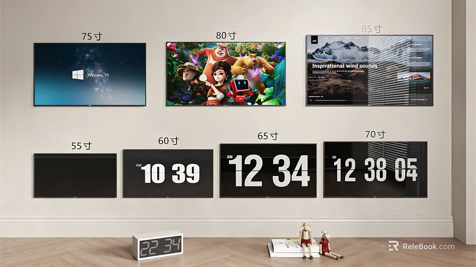 Various Size Television Sets Displaying Scenery Animated Content And Time 3d model 