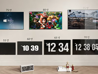 Various Size Television Sets Displaying Scenery Animated Content And Time 3d model