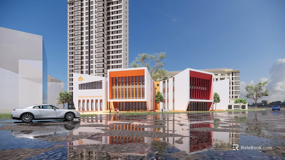 Modern School Building With Orange Red White Facade Long Windows And Reflection On Wet Ground 3d model 