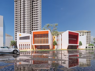 Modern School Building With Orange Red White Facade Long Windows And Reflection On Wet Ground 3d model