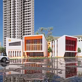 Modern School Building With Orange Red White Facade Long Windows And Reflection On Wet Ground