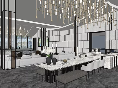 Elegant Modern Leisure Area Interior With Marble Table Chandelier And Sofa Seating 3d model