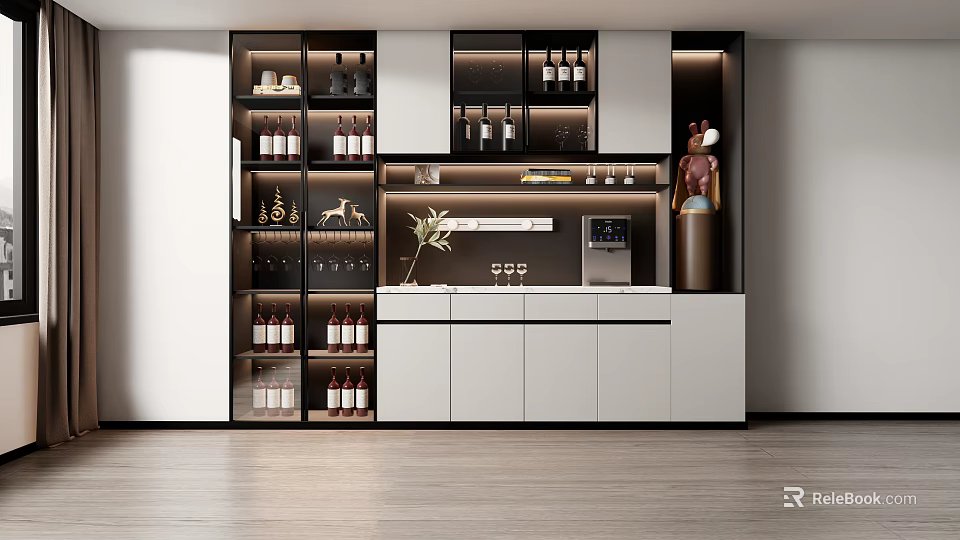 Elegant Modern Wine Cabinet with Glass Shelves Featuring Wine Bottles and Glasses 3d model 