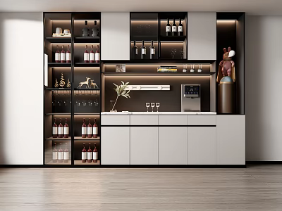 Elegant Modern Wine Cabinet with Glass Shelves Featuring Wine Bottles and Glasses 3d model