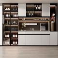 Elegant Modern Wine Cabinet with Glass Shelves Featuring Wine Bottles and Glasses