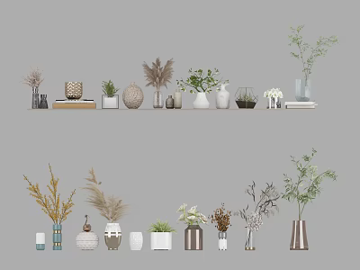Various Ceramic Glass Metallic Vases With Dried Plants Greenery Home Decor 3d model