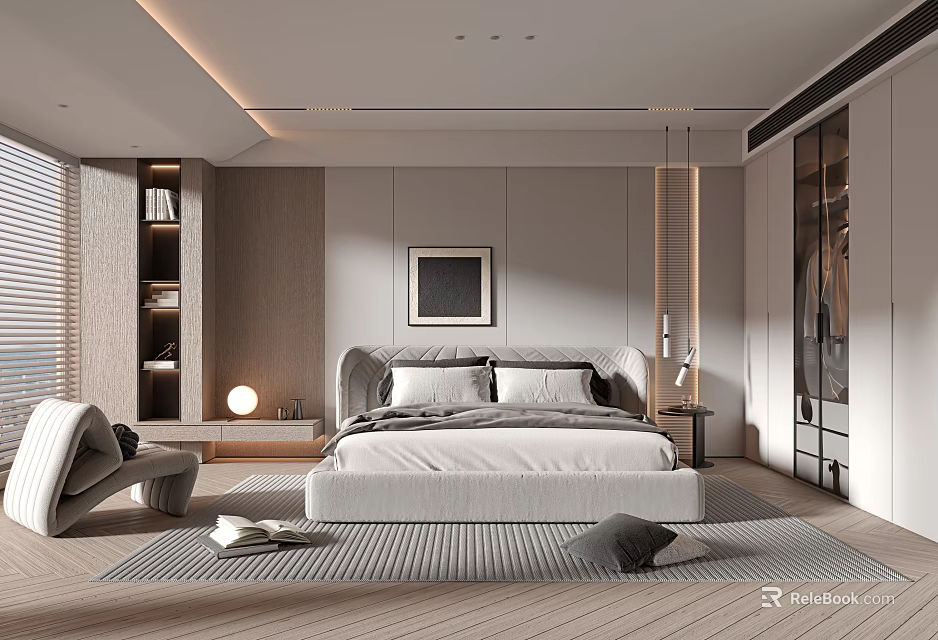 Modern Contemporary Bedroom Interior Design With King Bed Wall Art Nightstands And Wardrobe 3d model 