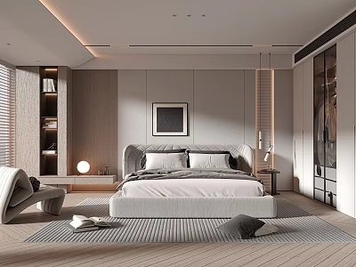 Modern Contemporary Bedroom Interior Design With King Bed Wall Art Nightstands And Wardrobe 3d model