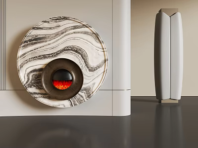 Round Marble Pattern Fireplace With Warm Flame And White Vertical Cabinet In Modern Interior 3d model