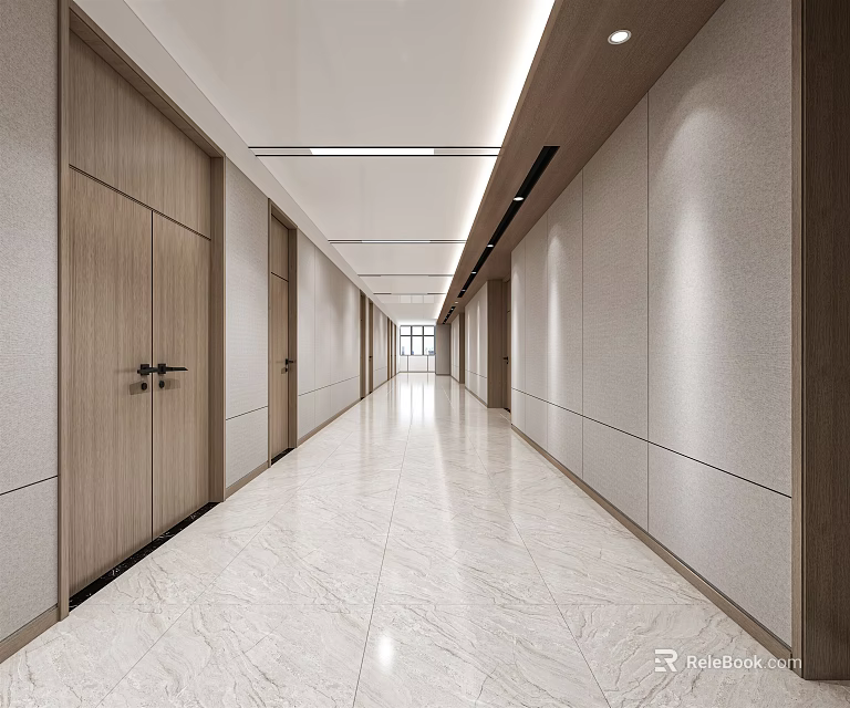 Modern Teahouse Interior Corridor With White Marble Floor Wooden Doors And Gray Walls 3d model 