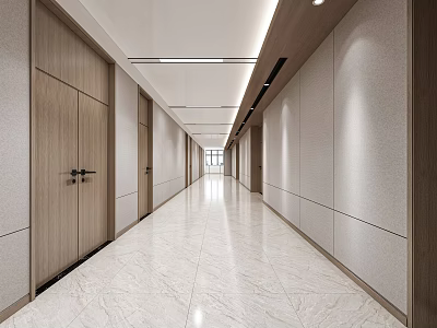 Modern Teahouse Interior Corridor With White Marble Floor Wooden Doors And Gray Walls 3d model