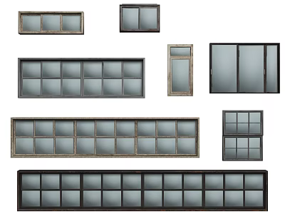 Various Classic Window Designs With Wooden Frames Different Sizes And Glass Panels 3d model