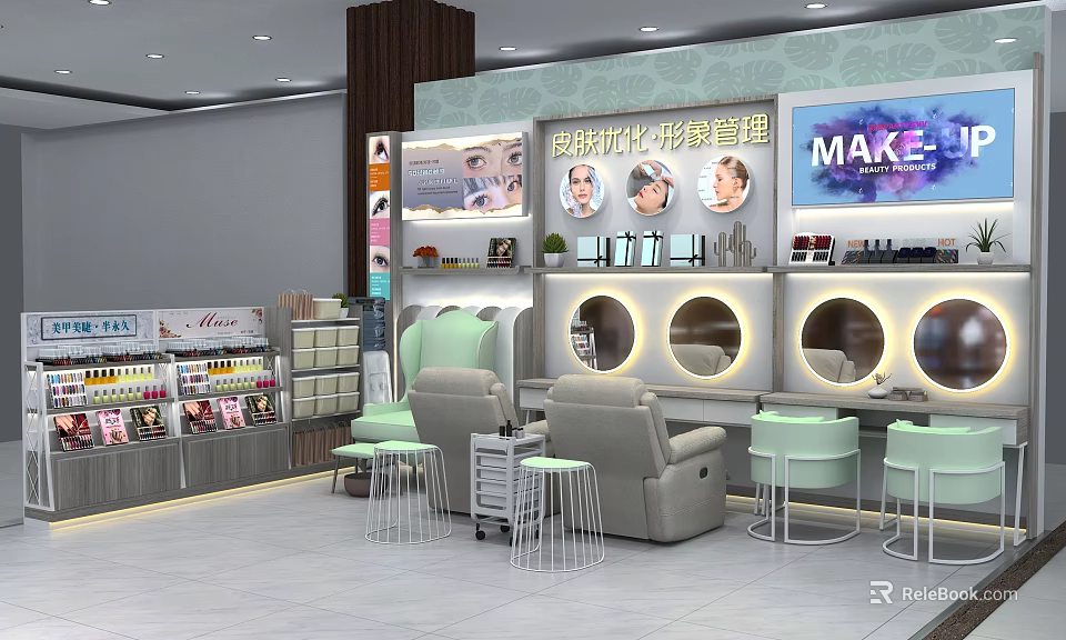 College Cosmetics Store Interior With Display Shelves Seating And Makeup Products 3d model 