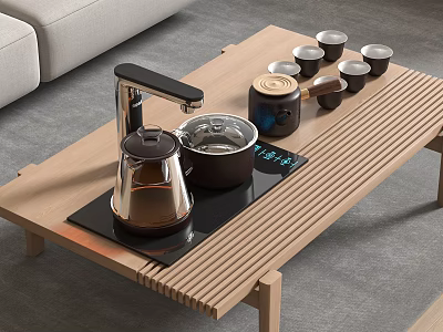 Wooden Coffee Table With Electric Heating Plate Glass Teapot Pot Lidded Container And Small Teacups 3d model