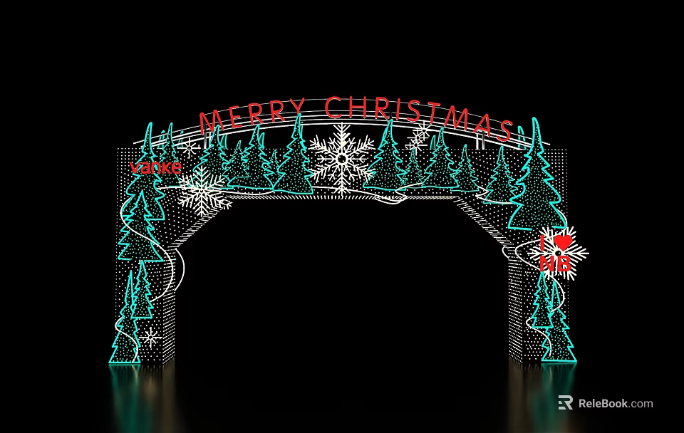 Festive Christmas Archway With Merry Christmas Sign Green Trees Red Decorations And Snowflakes 3d model 