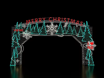 Festive Christmas Archway With Merry Christmas Sign Green Trees Red Decorations And Snowflakes 3d model