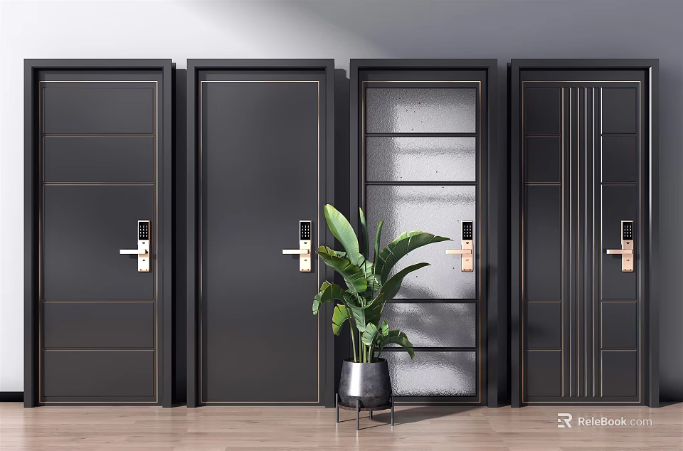 Modern Black Swing Doors With Various Panel Styles And Glass Insert Design 3d model