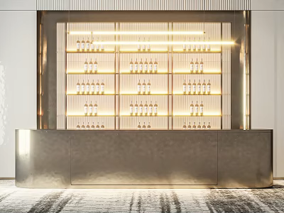 Stylish Modern Bar Counter With Illuminated Shelves Filled With Wine Bottles 3d model