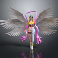 Fantasy Game Movie Character with Large Feather Wings Yellow Top White Outfit and Pink Accents