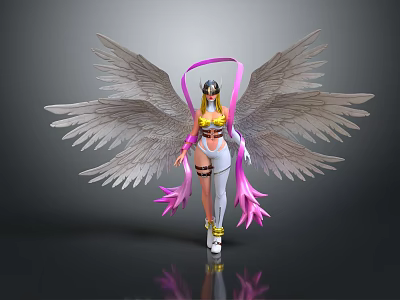 Fantasy Game Movie Character with Large Feather Wings Yellow Top White Outfit and Pink Accents 3d model