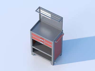 Practical Storage Cabinet With Gray Countertop Red Drawers Open Shelves And Top Grid Shelf 3d model