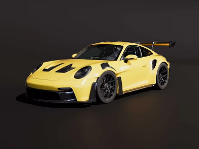 Yellow Porsche High Performance Sports Car with Rear Spoiler Black Wheels Aerodynamic Design 3d model