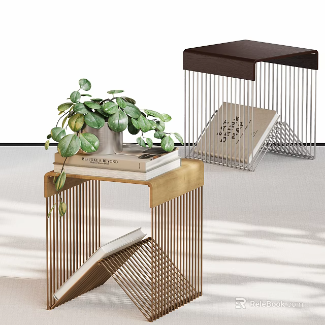 Stylish Side Table with Golden Metal Legs Dark Wooden Top Green Plant and Books on Metal Frame Design 3d model 