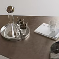 Decorative Ornament Set Featuring Silver Tray Glass Decanter And Tumblers On Brown Tabletop