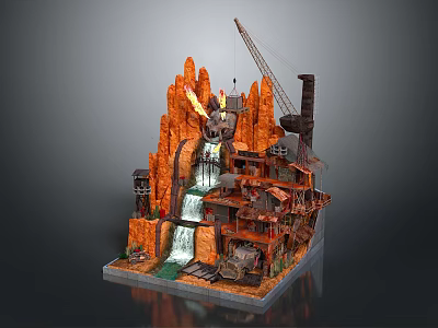 Scenic Red Rock Landscape With Waterfall Mechanical Crane And Multi Level Buildings 3d model