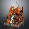 Scenic Red Rock Landscape With Waterfall Mechanical Crane And Multi Level Buildings
