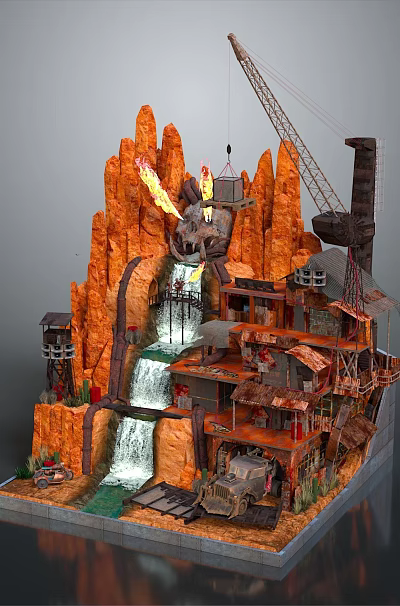 Scenic Red Rock Landscape With Waterfall Mechanical Crane And Multi Level Buildings 3d model