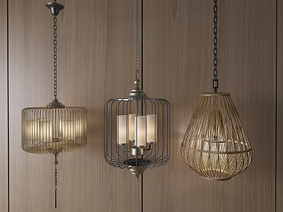 Three Unique Pendant Lights with Metal Cage Woven Rattan and Frame Designs on Wooden Wall 3d model