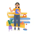 Game Film Female Character With Glasses Holding Blue Book Sitting On Books With Plant Lamp